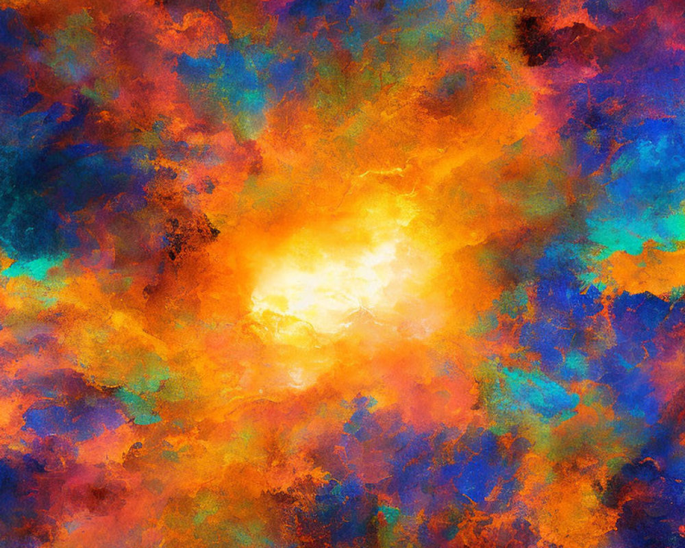 Colorful Abstract Artwork: Central Yellow Glow Surrounded by Burst of Orange, Blue, and Red