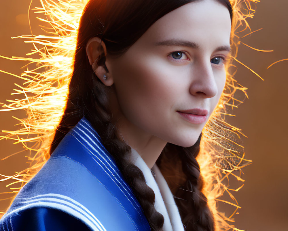 Woman with Braided Hair in Blue Jacket Backlit with Halo Effect