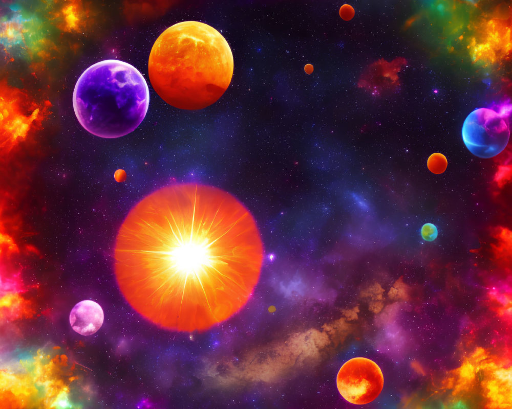 Colorful Cosmic Scene with Glowing Sun and Planets in Space