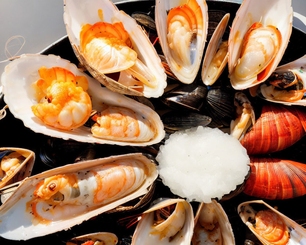 Assorted Seafood Platter with Shrimp, Mussels, and Clams on Ice