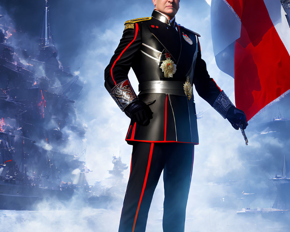 Decorated Military Uniform Man with Naval Battle Backdrop