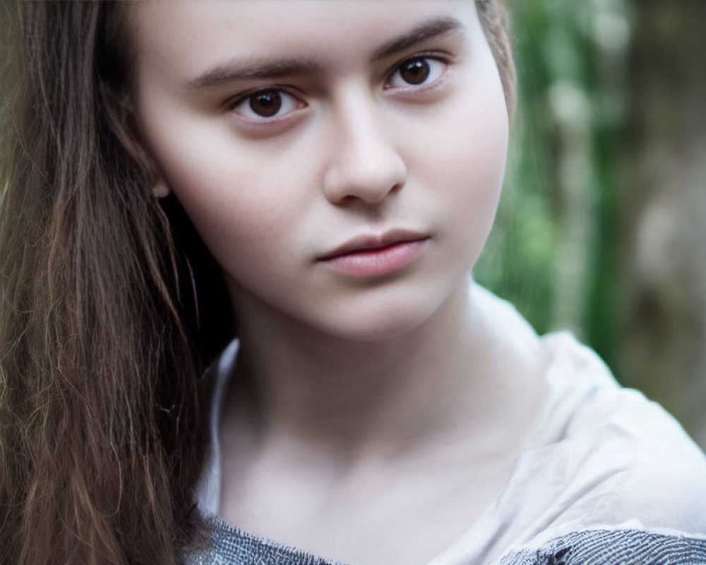 Young woman with long hair in light blouse, thoughtful expression, against blurred natural background