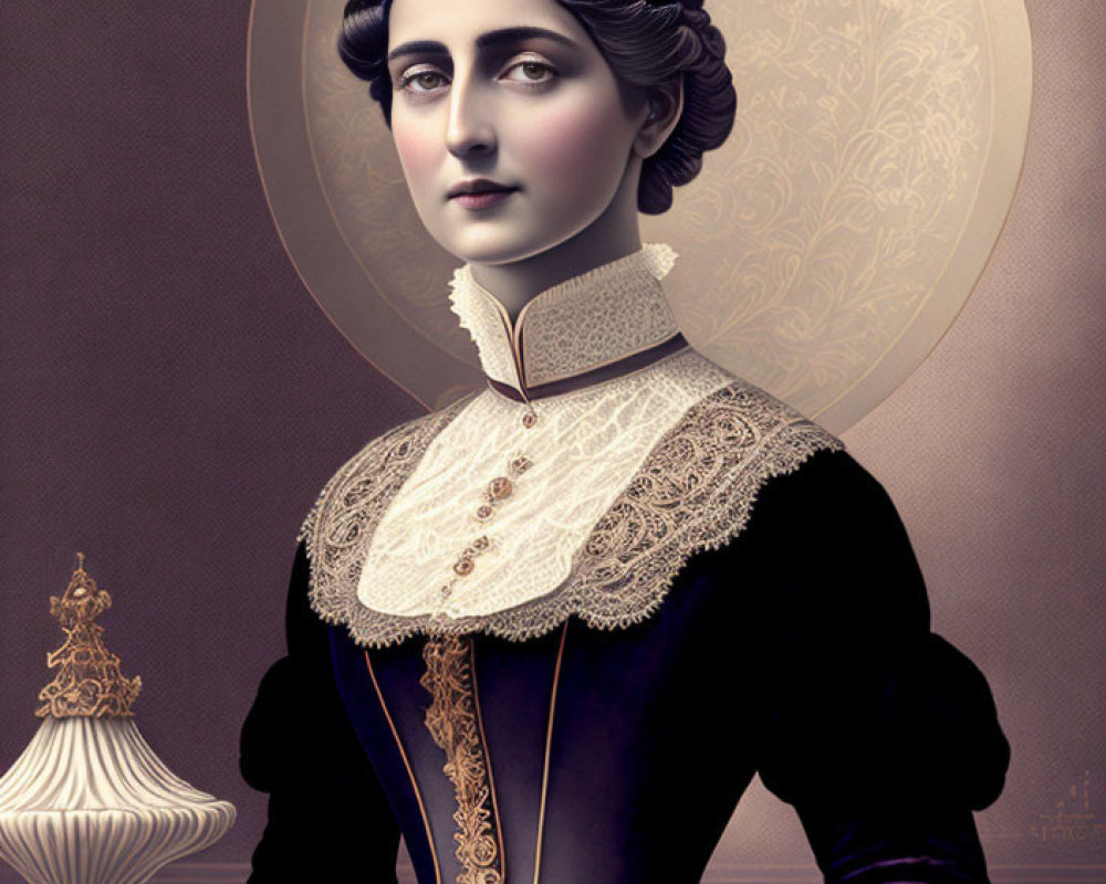 Victorian woman digital artwork with ornate lace collar & styled hair