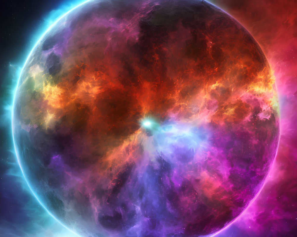 Vibrant digital artwork of celestial body with neon cosmic colors