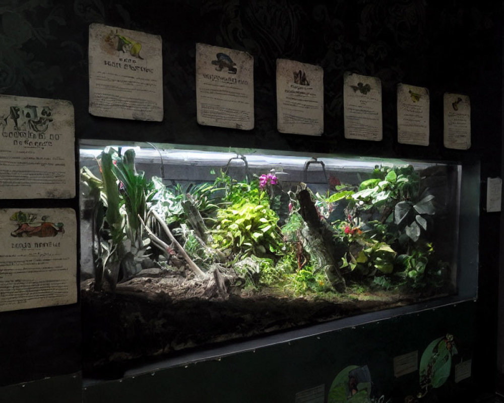 Botanical terrarium with diverse plants under artificial lighting and informative plaques