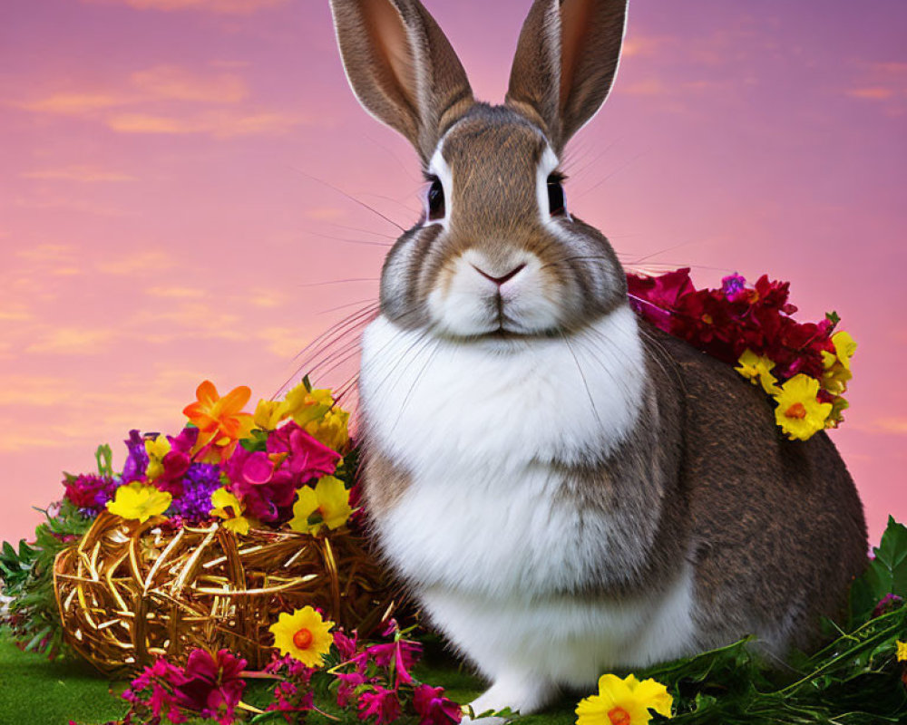 Brown and White Rabbit with Gold Wire Basket and Colorful Flowers on Purple Sky Background