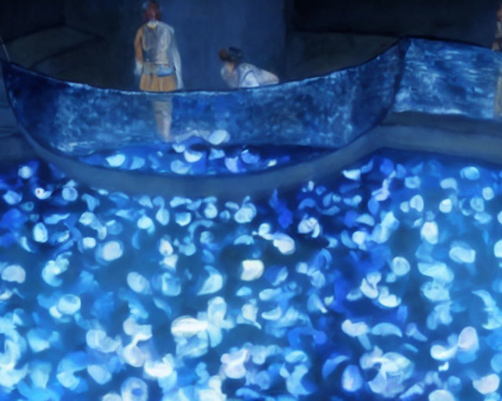 Artistic depiction of people viewing a blue jellyfish tank with a boat in a dark setting