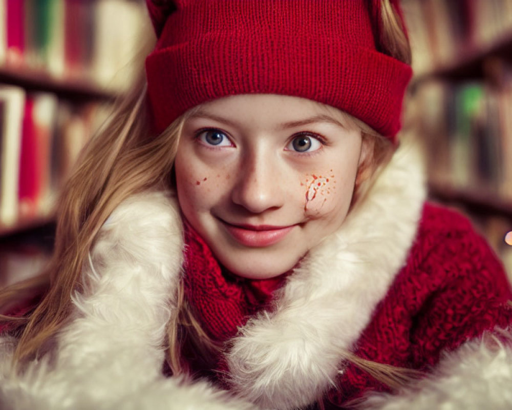 Blonde Girl in Red Hat and Sweater Smiling by Bookshelf