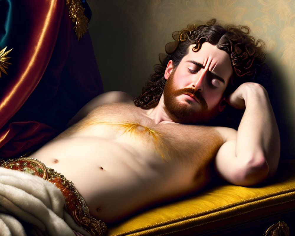 Regal shirtless man reclining in luxurious setting