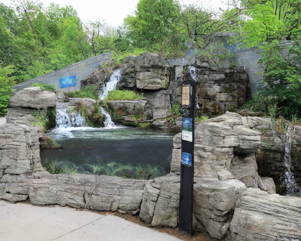 Scenic waterfall landscape with footbridge and lamp post