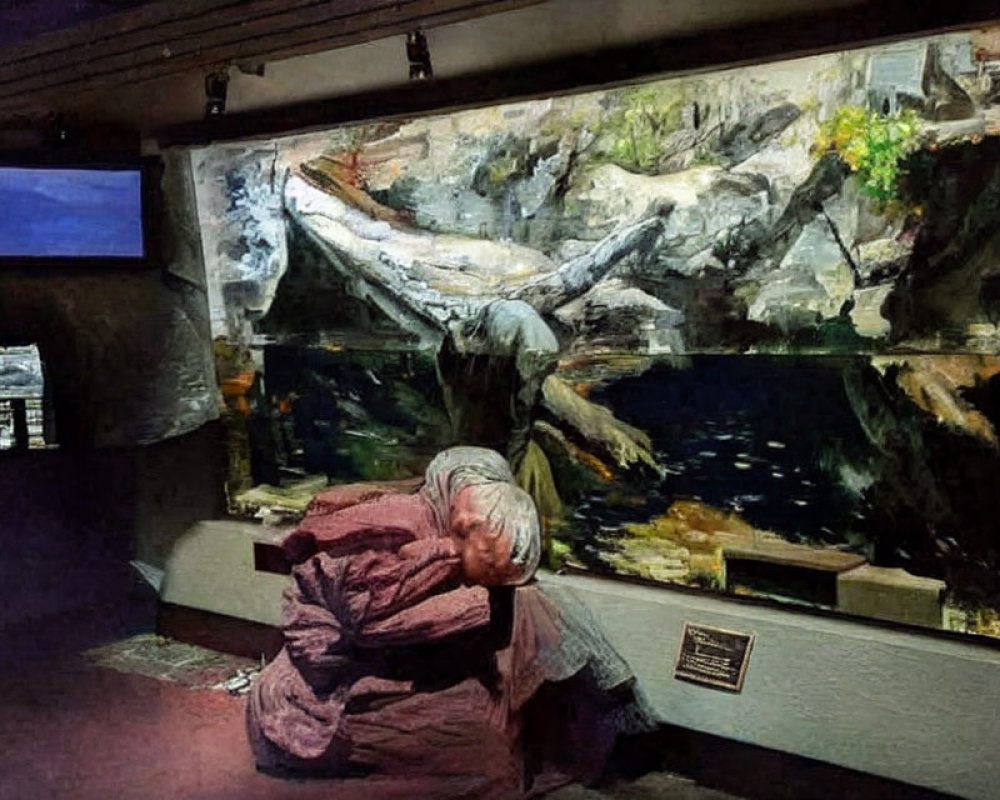 Pink-jacketed person views underwater diorama with whale model in dimly-lit room