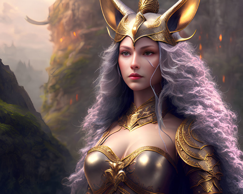 Silver-haired female warrior in golden winged helmet and armor against misty mountains