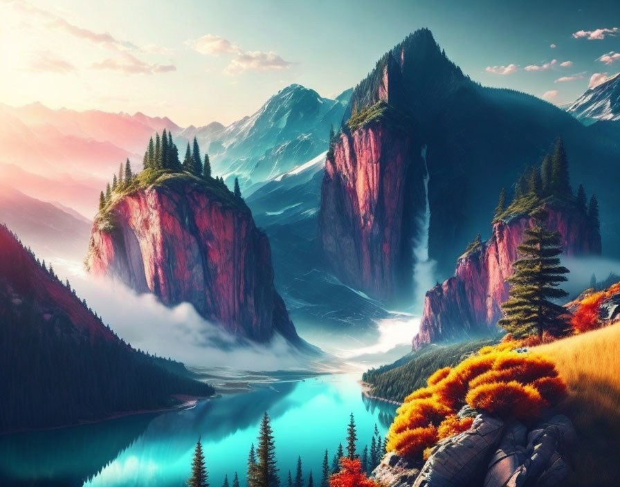 Scenic landscape with towering cliffs, serene river, trees, and colorful sunset glow