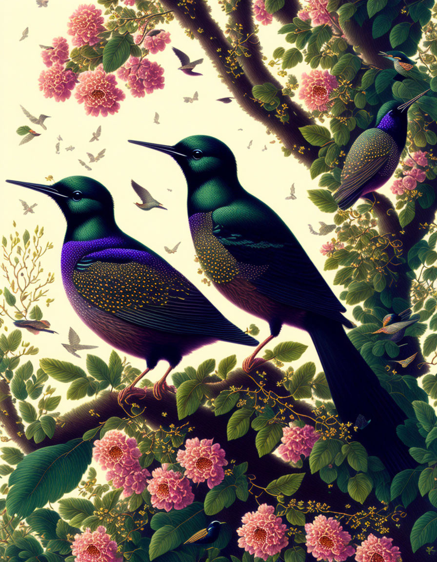 Colorful hummingbirds in pink blossoms and green foliage with intricate feathers.