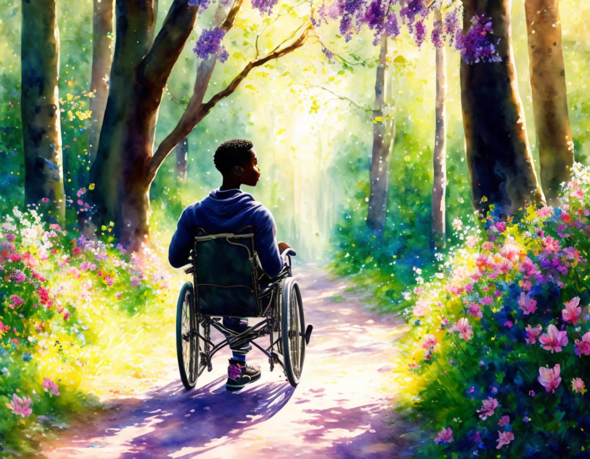 Person in wheelchair admiring sunny forest path with colorful flowers