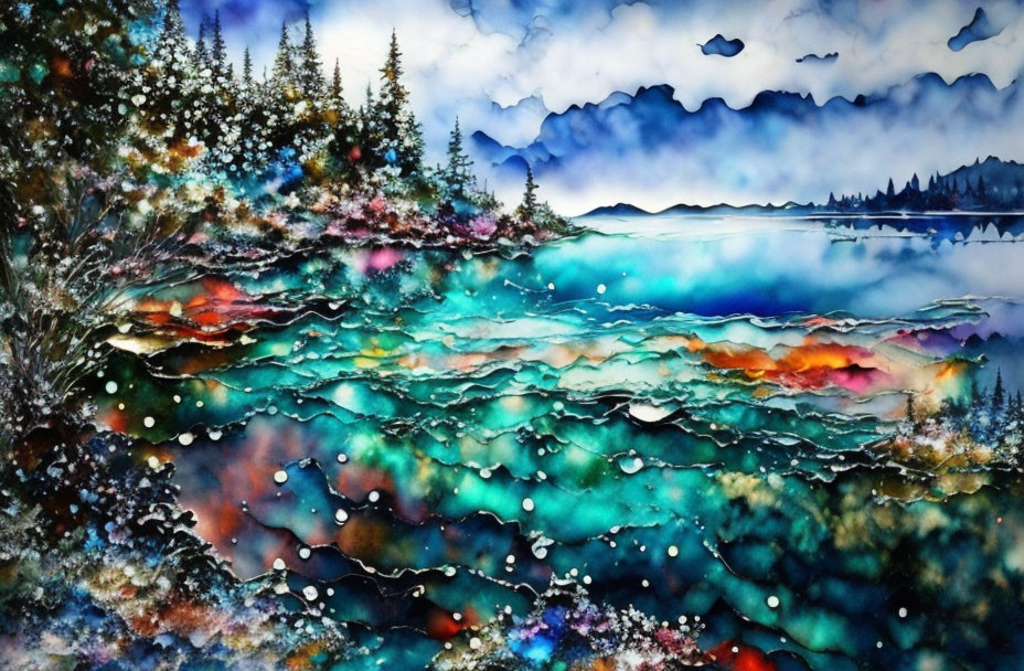 Colorful Watercolor Painting of Surreal Landscape with Trees and Lake