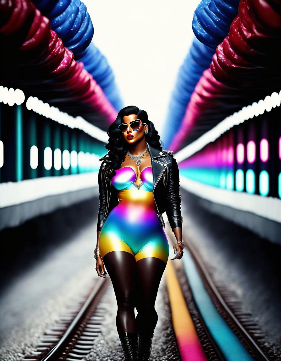 Colorful Bodysuit Woman Stands on Train Tracks with Illuminated Tunnel Pipes