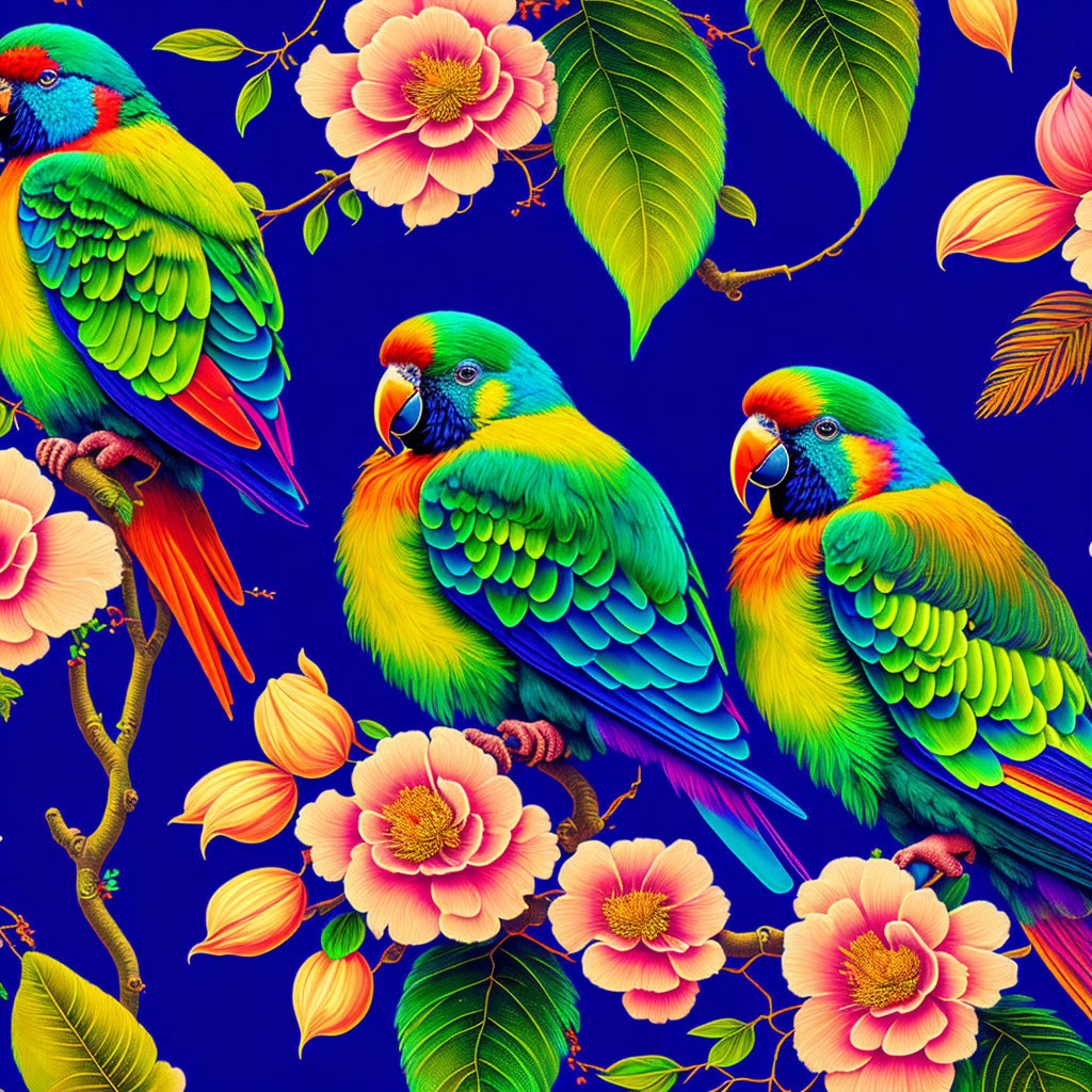 Colorful Parrots Perched on Branches in Vibrant Illustration