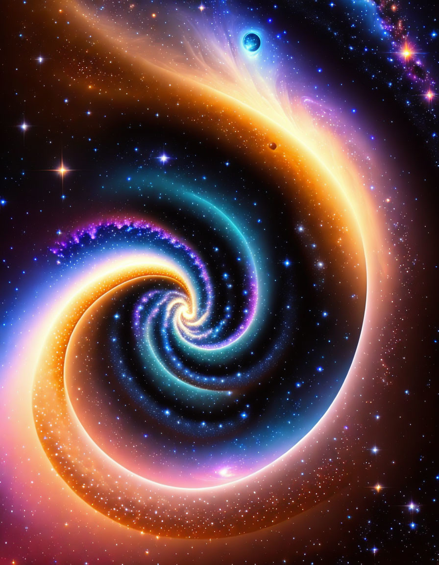Colorful cosmic spiral with galaxy, planet, and star-filled backdrop