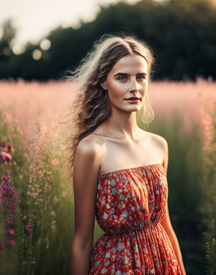 Woman in floral dress surrounded by pink flowers under soft evening light