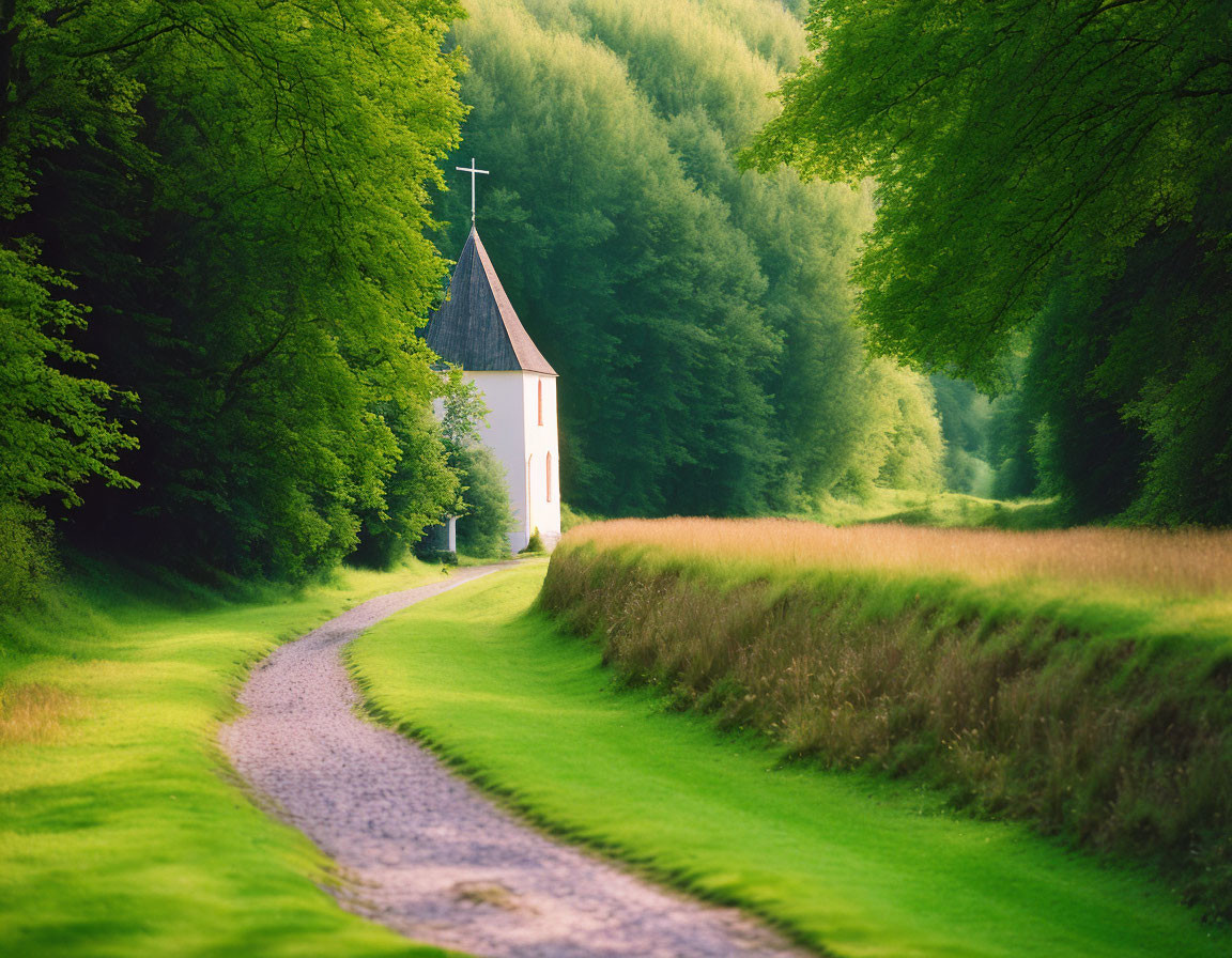 White Chapel with Cross Surrounded by Trees and Cobblestone Path