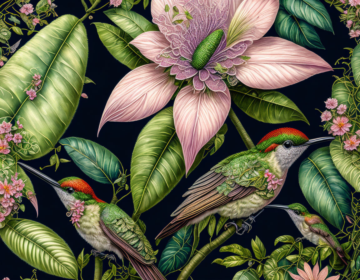 Detailed illustration of hummingbirds in lush flora with pink flower on dark background