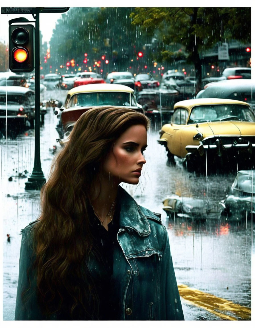 Long-haired woman on rainy street with classic cars and red traffic light