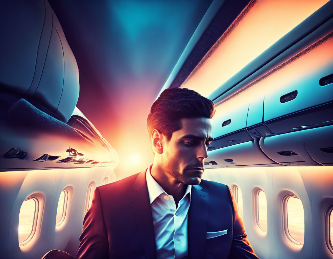 Man in suit sitting by window on airplane at sunrise or sunset