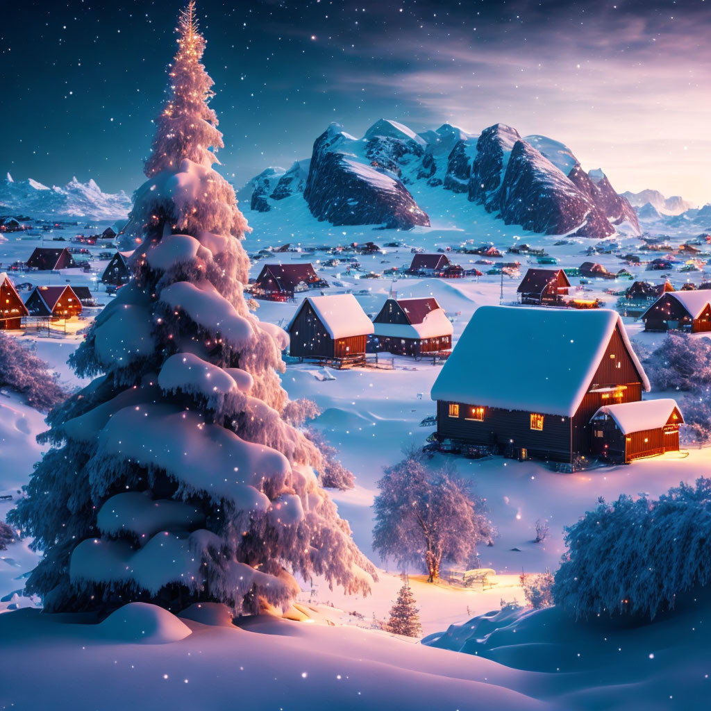 Snow-covered winter village with Christmas tree and mountain backdrop