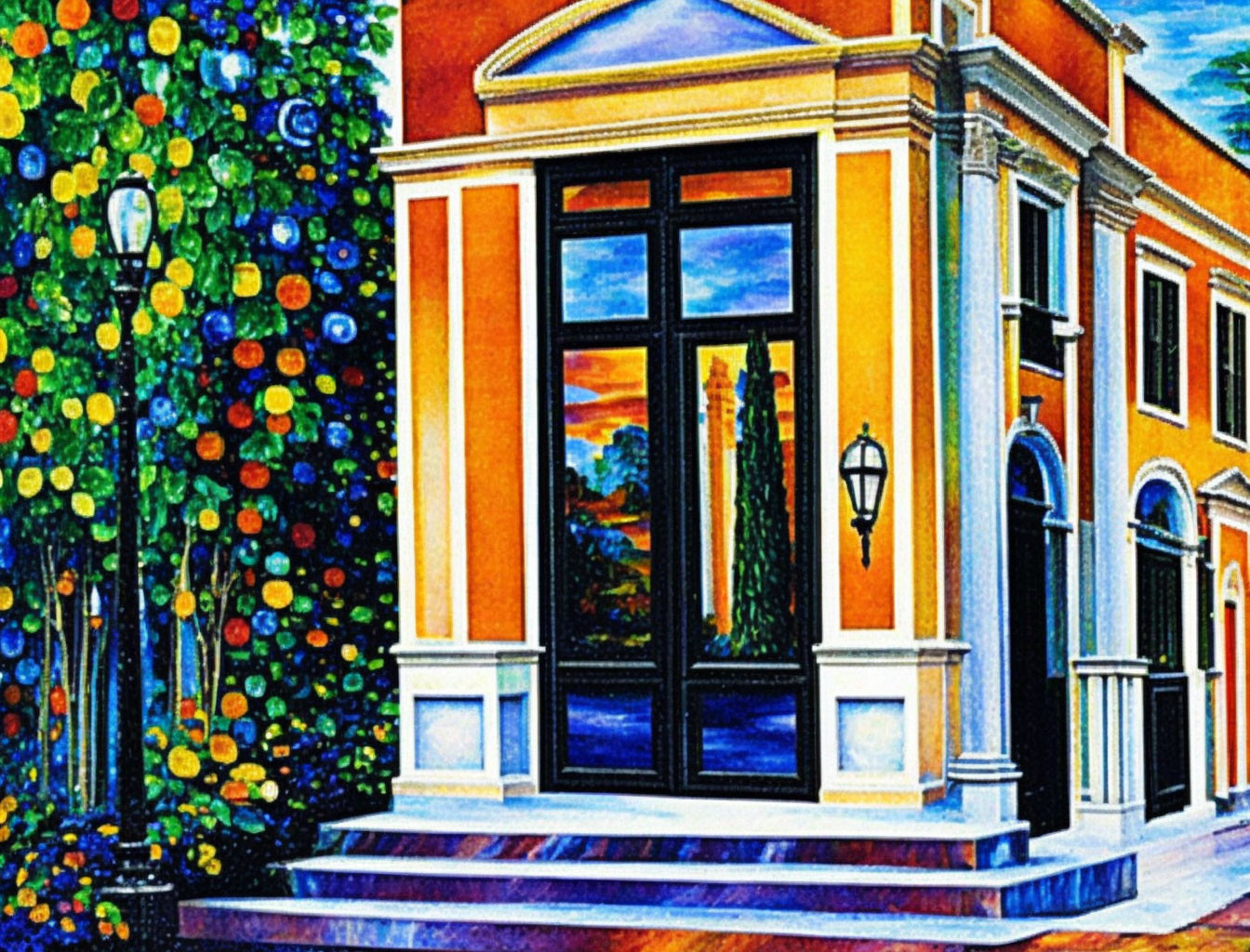 Colorful painting of corner building entrance with sunset reflection, street lamp, and trees.