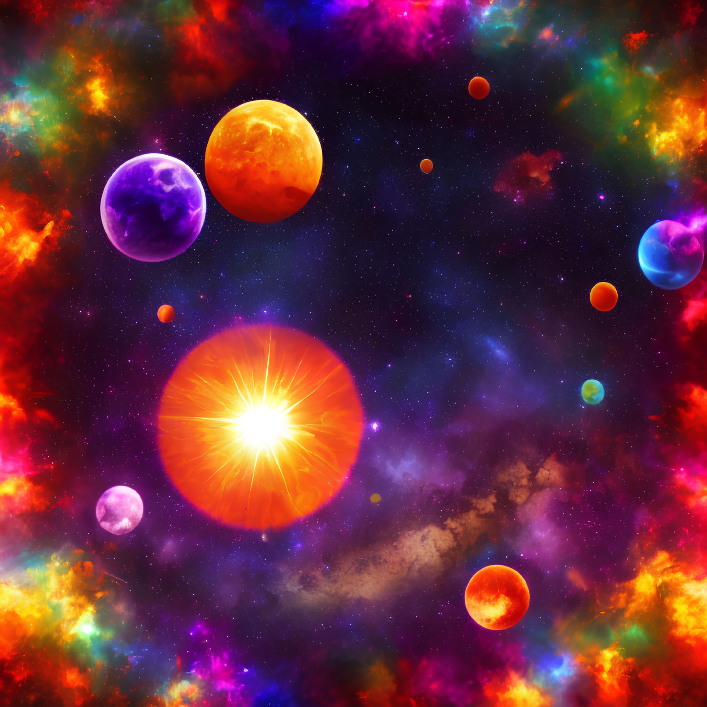 Colorful Cosmic Scene with Glowing Sun and Planets in Space