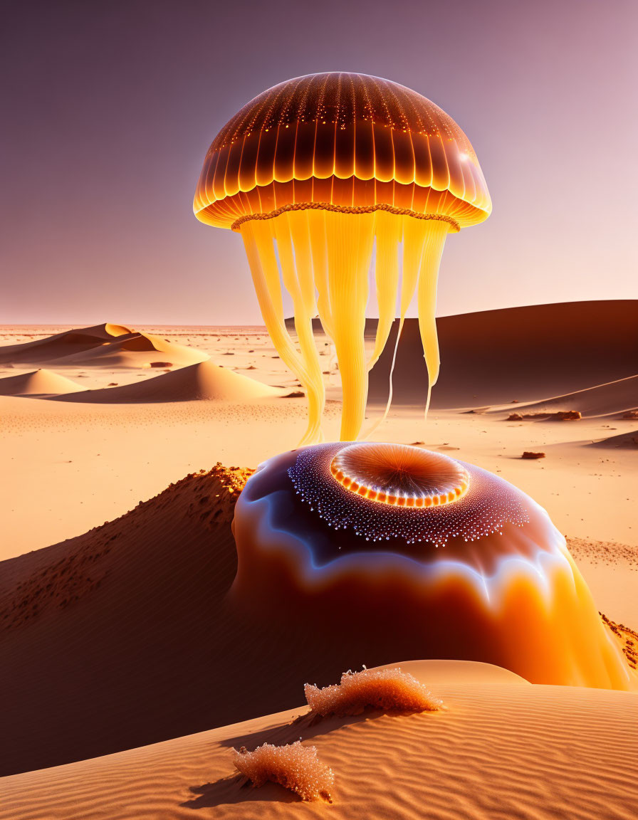 Giant glowing jellyfish-like creature in surreal desert landscape