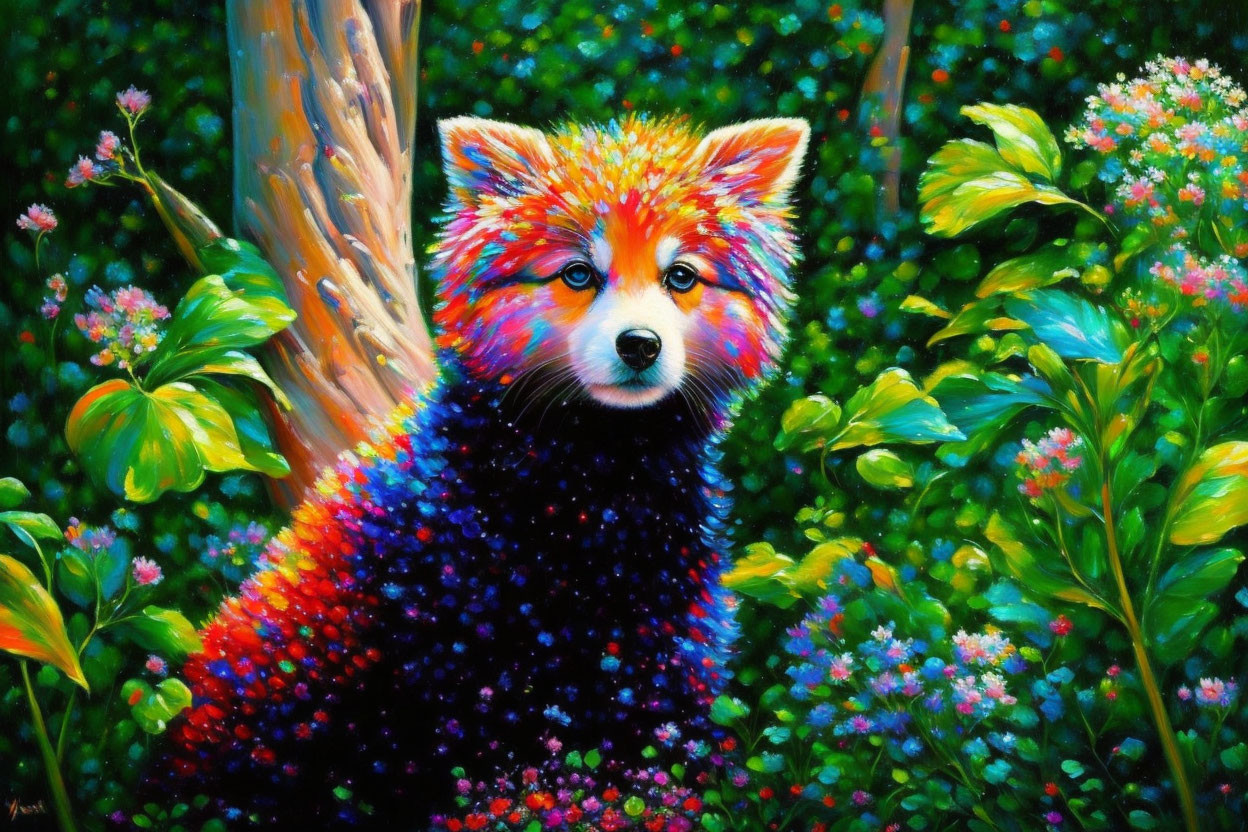 Colorful Fox in Lush Floral Forest Scene