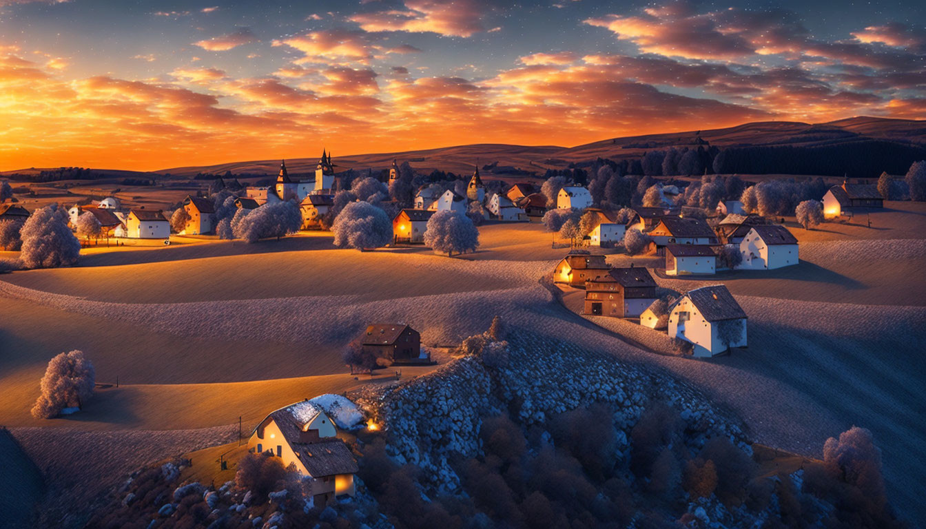 Snowy village with glowing houses at dusk