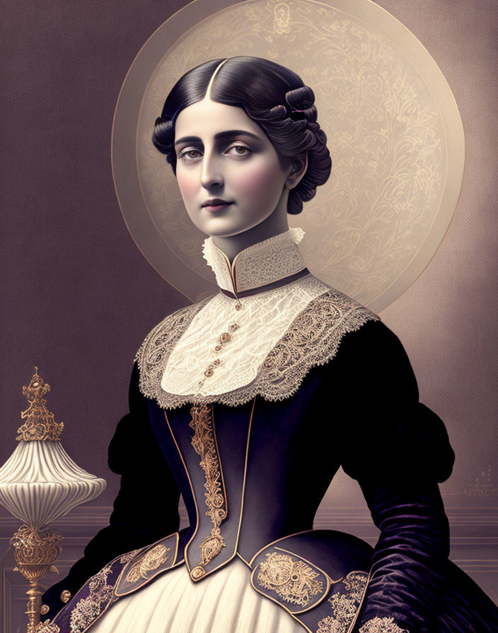 Victorian woman digital artwork with ornate lace collar & styled hair