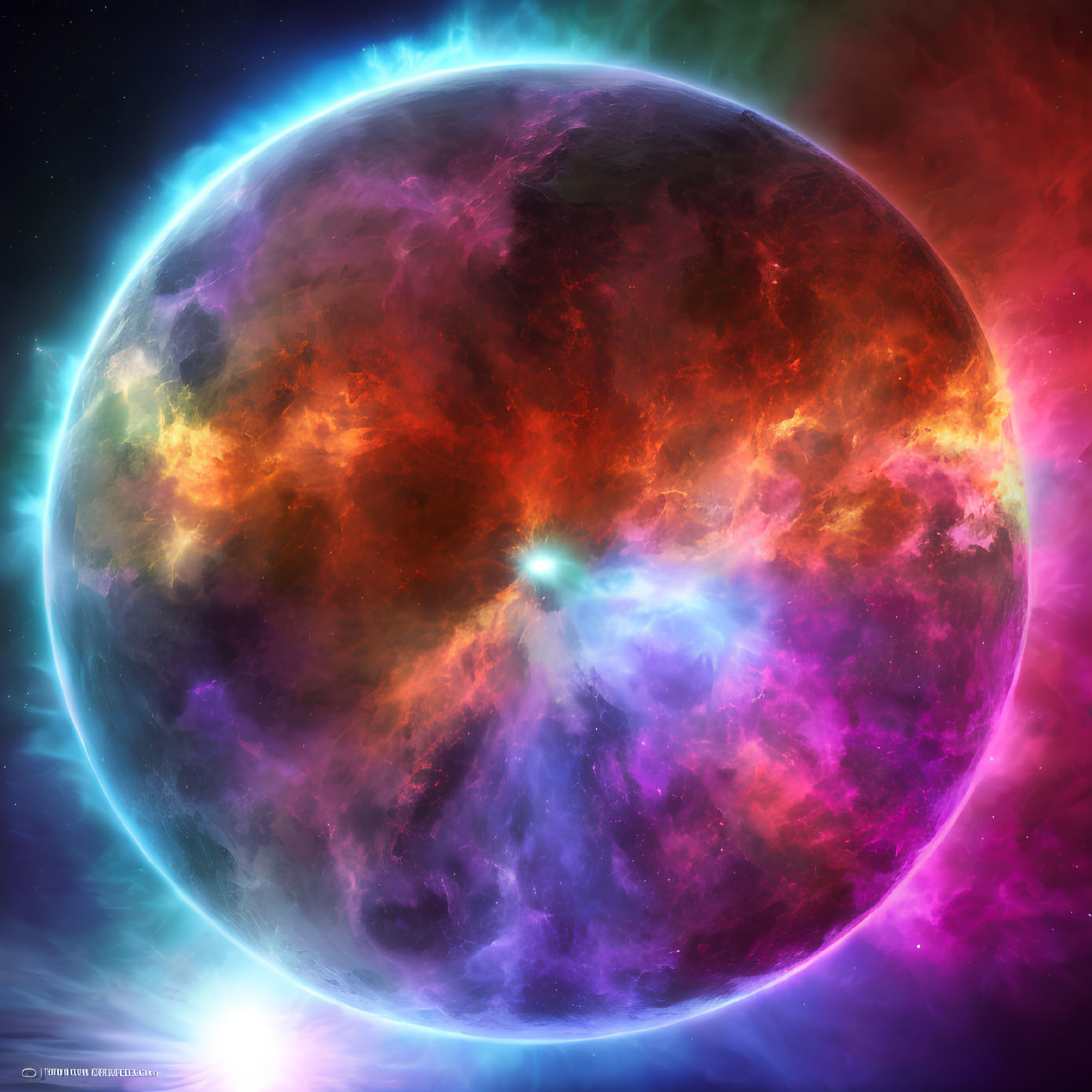 Vibrant digital artwork of celestial body with neon cosmic colors