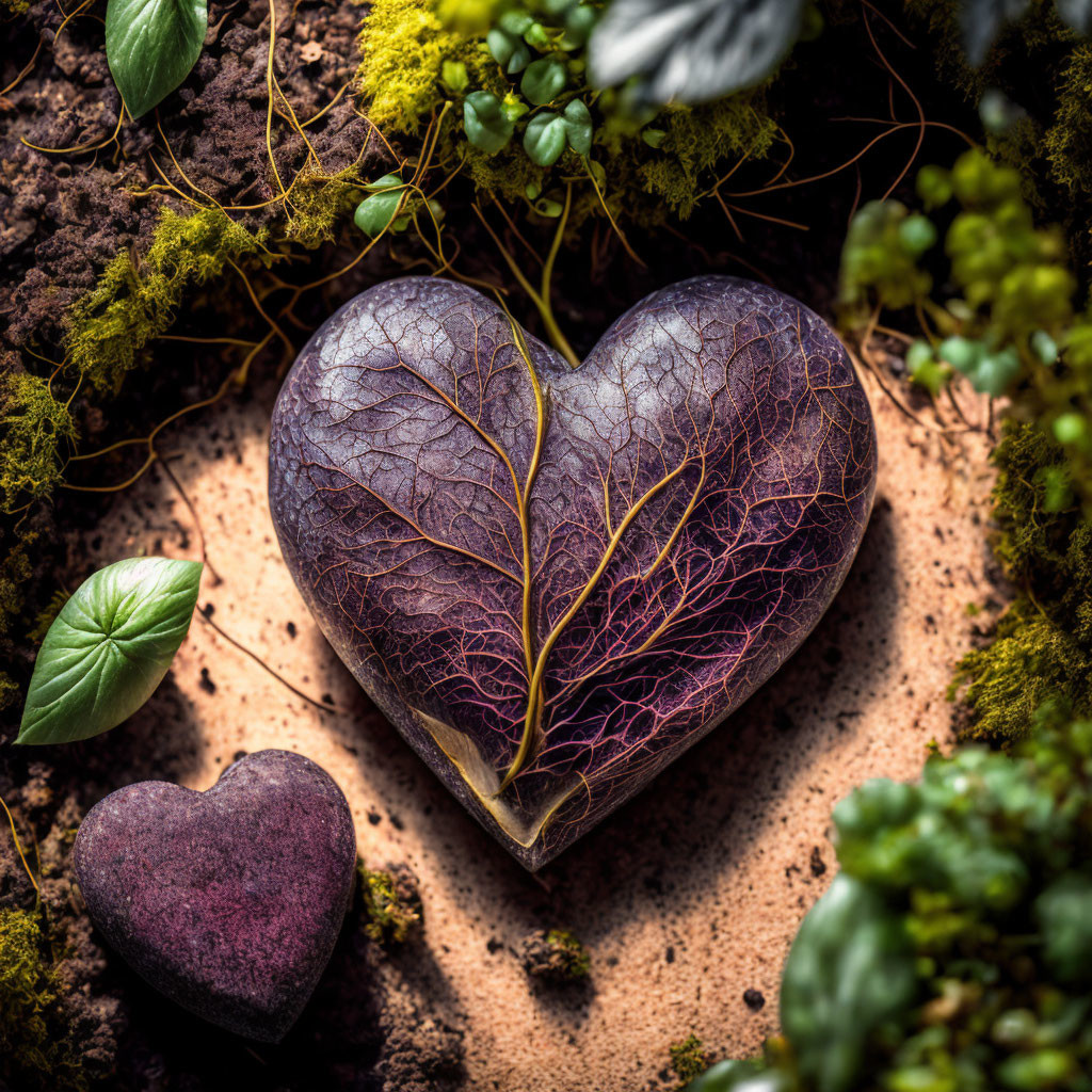 Heart-shaped leaf with vein patterns on soil, moss, plants, and stone