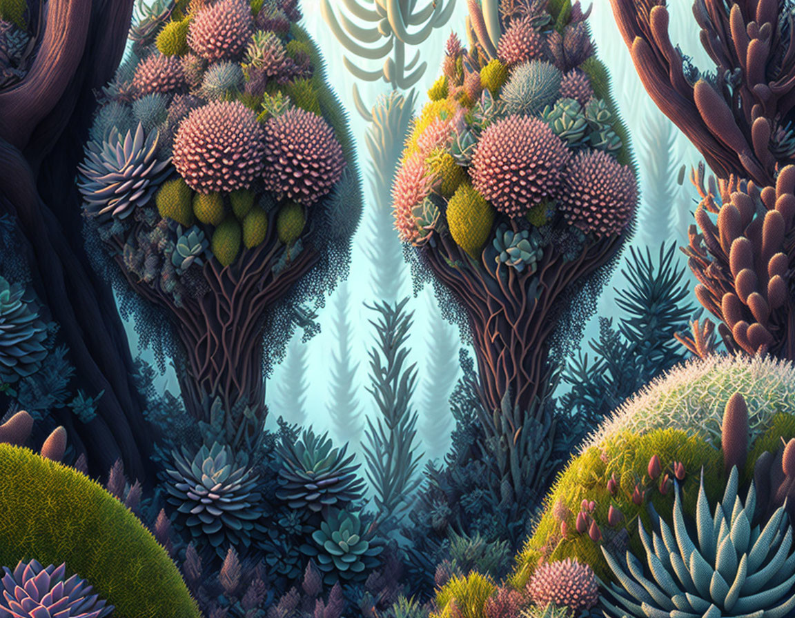 Fantastical lush forest with stylized trees and rich color palette