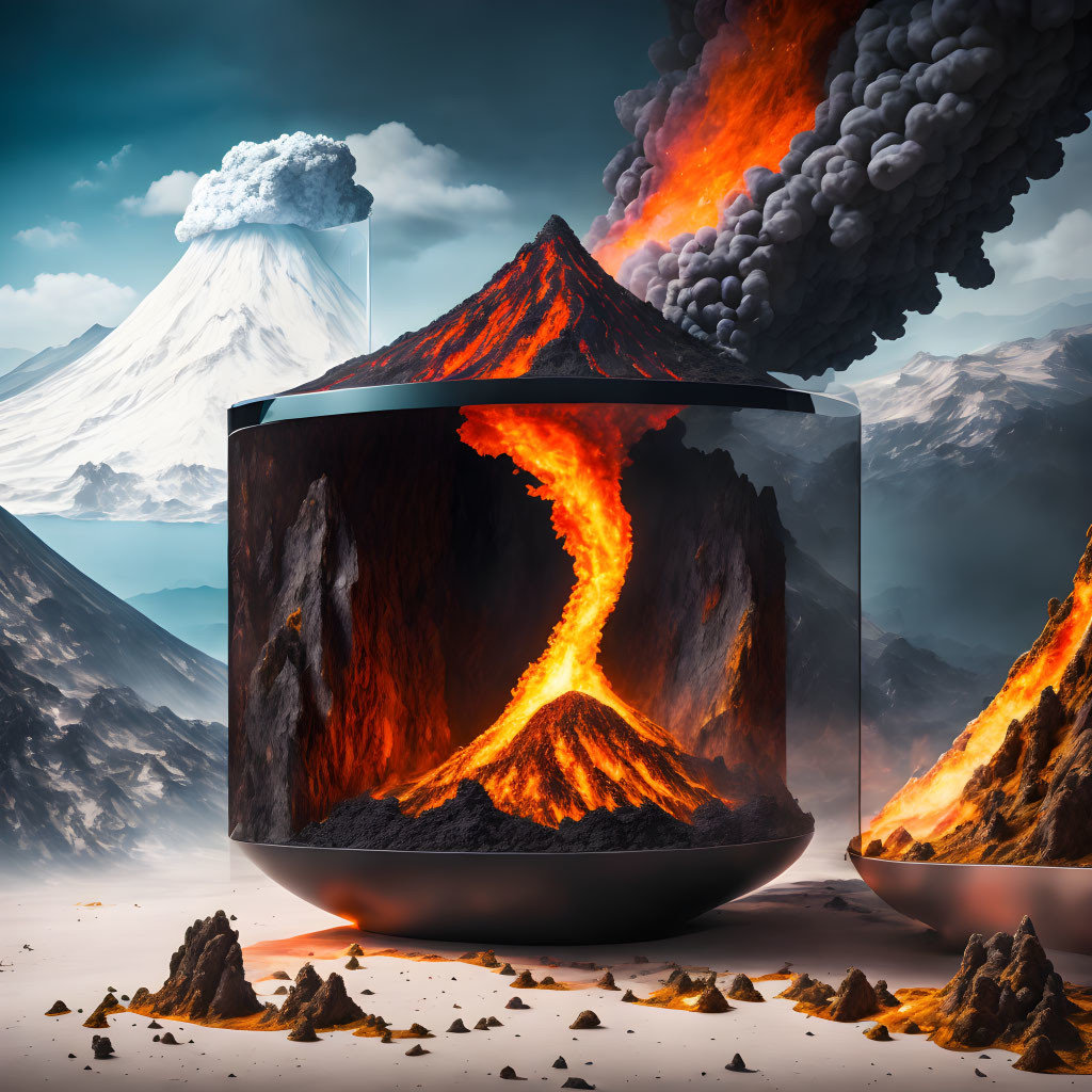 Surreal image: erupting volcano in glass cube, snowy mountain.