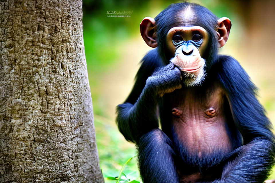 Young Chimpanzee Sitting Beside Tree with Pensive Eyes