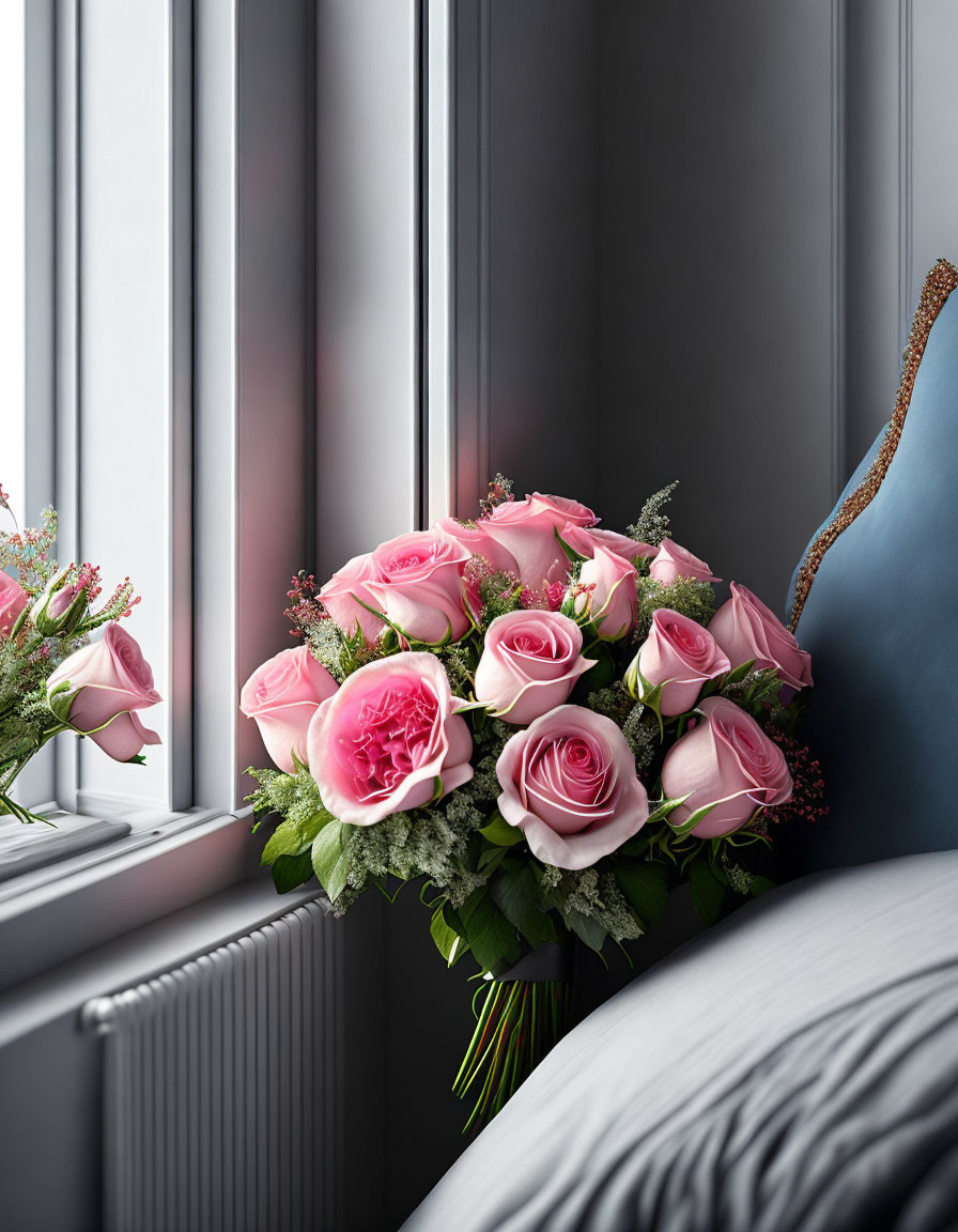 Pink Roses Bouquet by Bed in Sunlit Bedroom