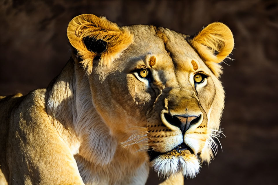 Close-up of lion with piercing eyes in warm light against dark background