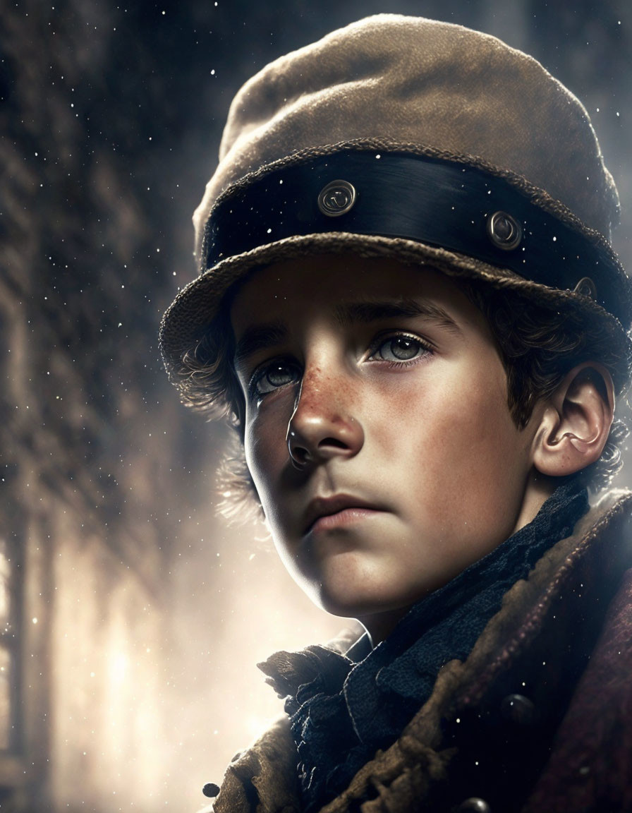 Young boy in vintage military cap gazes into distance amidst falling snowflakes