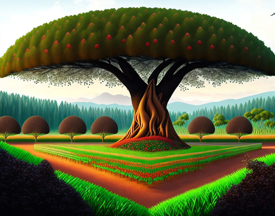 Vibrant oversized tree in whimsical landscape scene