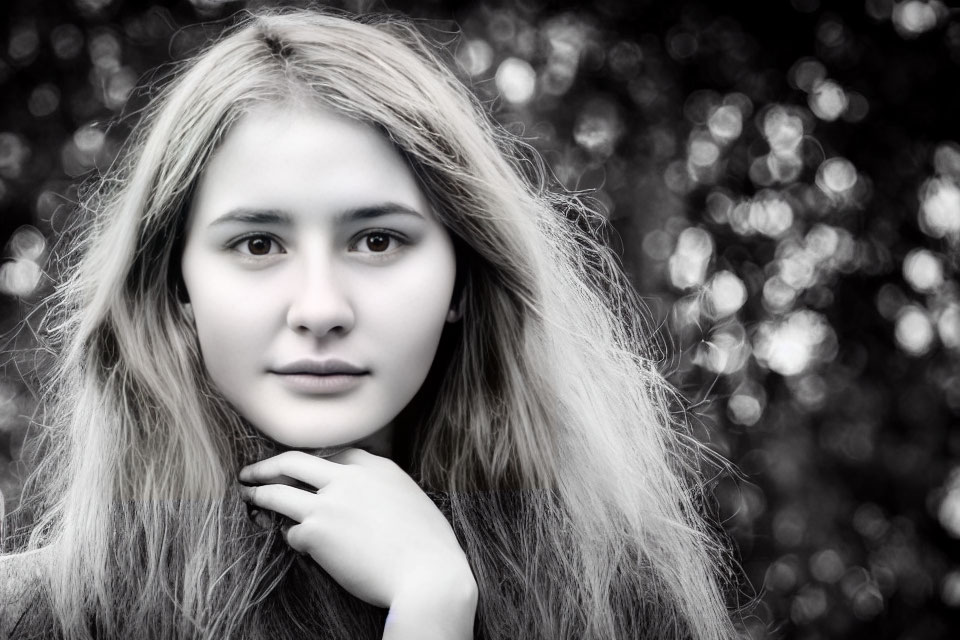 Young woman portrait with long hair against blurred natural background