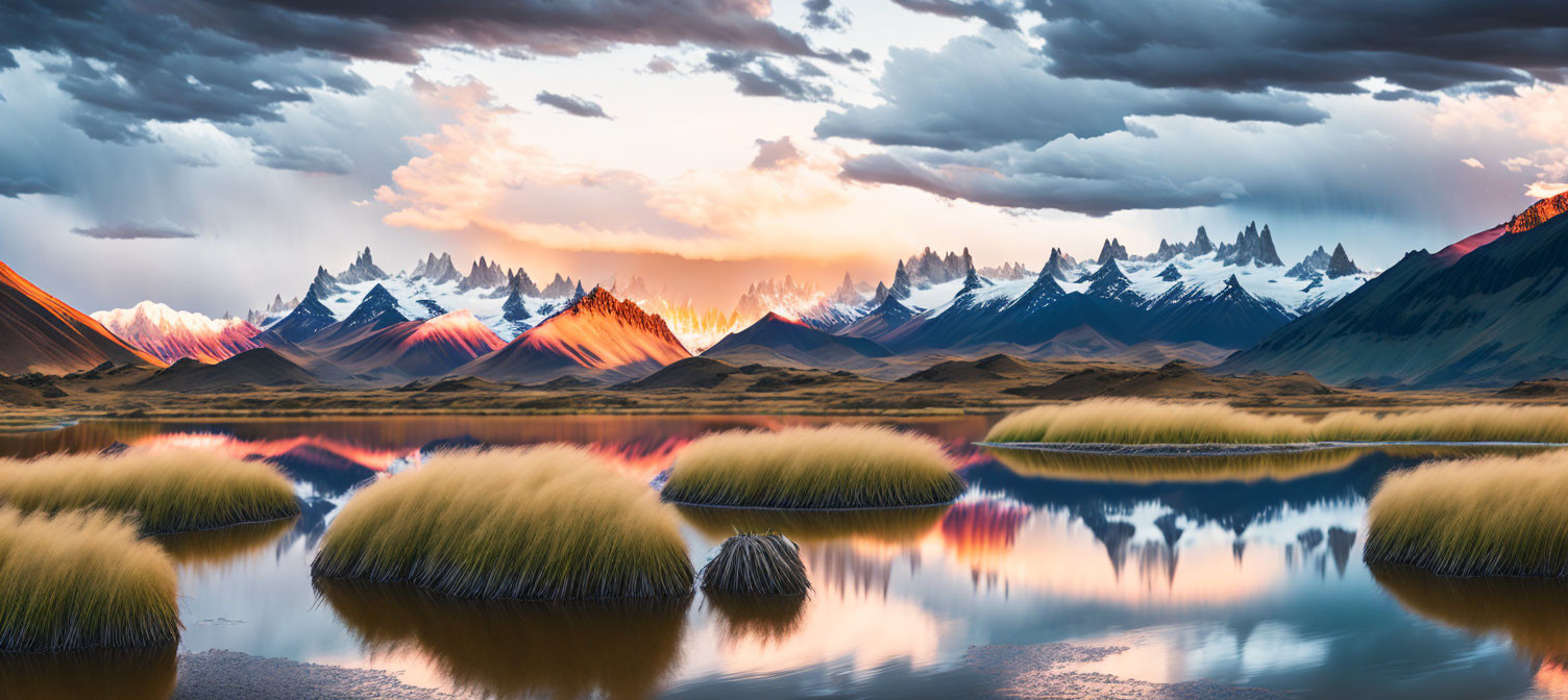 Scenic sunset over mountain range mirrored in calm lake with grass tufts.