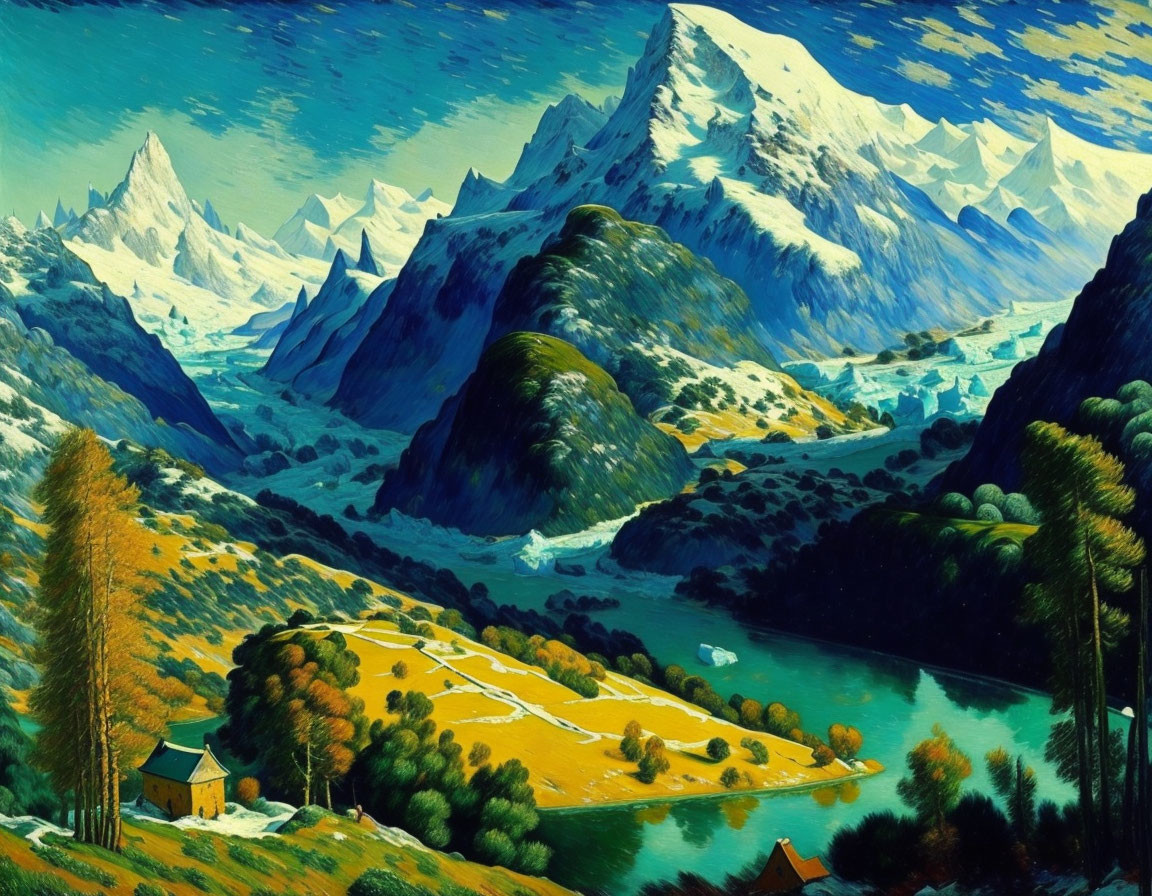 Colorful Mountain Landscape with Snowy Peaks, River, Greenery, and Autumnal Trees