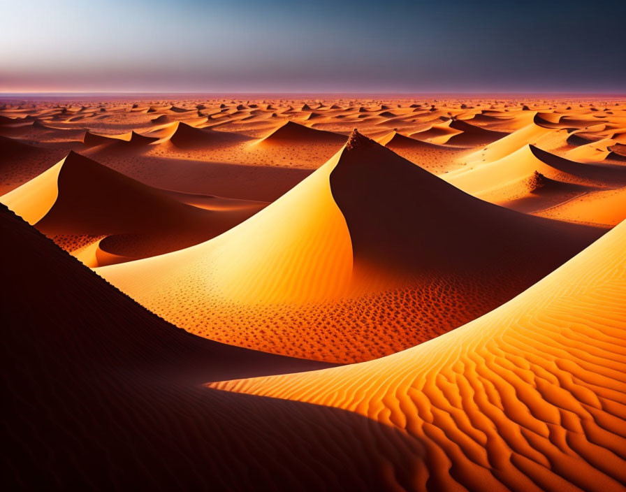 Sunset desert landscape with shadowed dunes and textured sand