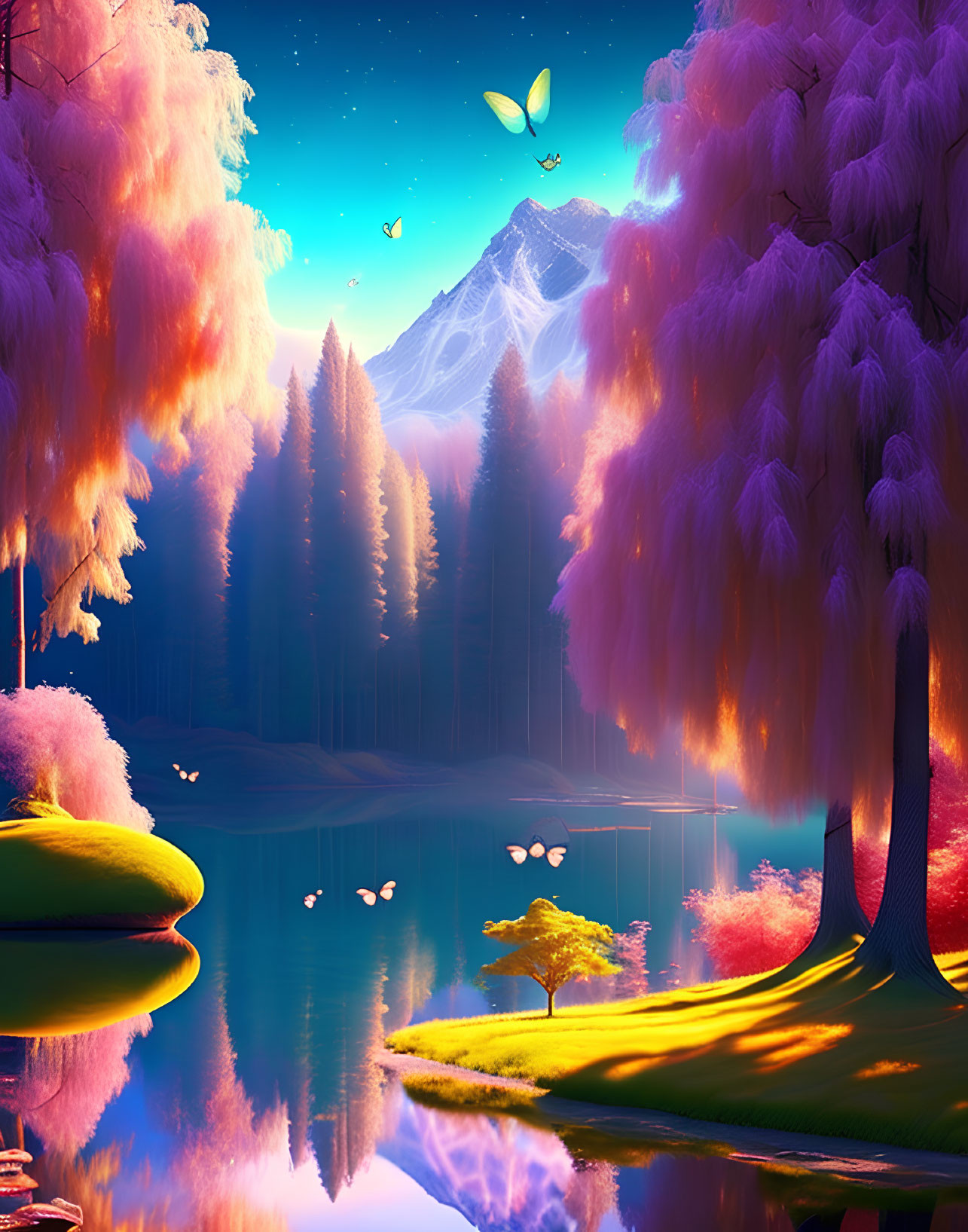 Colorful landscape with pink and orange foliage, blue waters, starry sky, and glowing butterfly