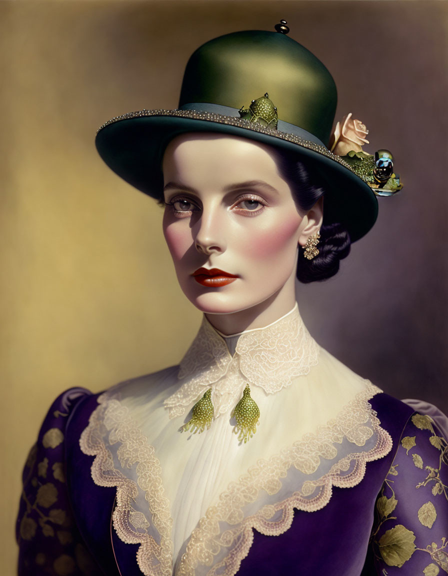 Vintage-style portrait of woman in red lipstick, green hat, purple dress with golden leaf patterns, and